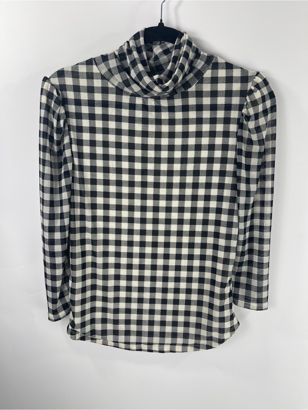 Free People Gather Turtleneck Top Black White Gingham Buffalo Plaid Mesh Medium
